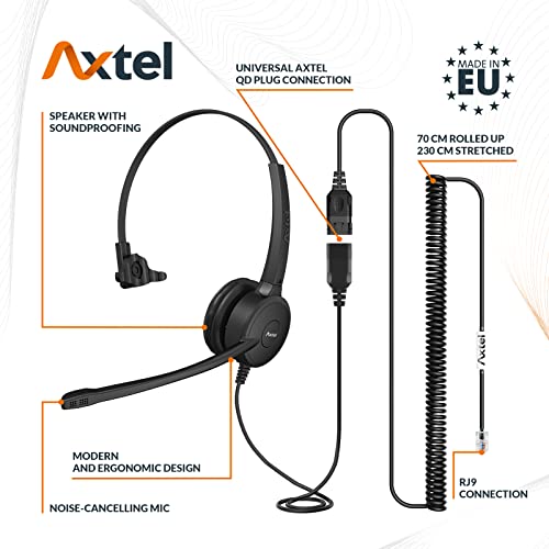 Axtel Bundle Prime HD Mono NC with AXC-01 RJ-9 Cable - Headset with Noise Cancelling Microphone for IP Desk Phones Avaya 2400/4600 Series, Mitel 6800 Series, NEC DTL/ITL, Nortel, Polycom VVX - Black