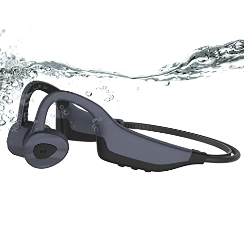 AfterRuenz Waterproof Bone Conduction Headphones Wireless Bluetooth 5.0 IP68 Headset with Mic Built-in 16 GB MP3 Player Open Ear for Swimming Running Driving Gym (Gray)