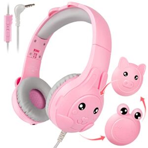 kids headphones with microphone, hd stereo safe volume limited 85db/94db foldable lightweight over ear headphone with audio sharing port for online school/travel/ipad/pc/mac/android/kindle (pink b)