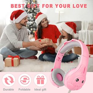 Kids Headphones with Microphone, HD Stereo Safe Volume Limited 85dB/94dB Foldable Lightweight Over Ear Headphone with Audio Sharing Port for Online School/Travel/iPad/PC/Mac/Android/Kindle (Pink B)