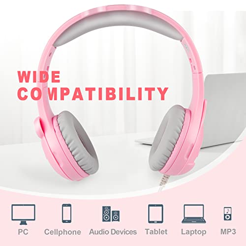 Kids Headphones with Microphone, HD Stereo Safe Volume Limited 85dB/94dB Foldable Lightweight Over Ear Headphone with Audio Sharing Port for Online School/Travel/iPad/PC/Mac/Android/Kindle (Pink B)