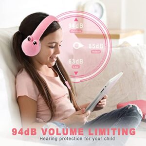 Kids Headphones with Microphone, HD Stereo Safe Volume Limited 85dB/94dB Foldable Lightweight Over Ear Headphone with Audio Sharing Port for Online School/Travel/iPad/PC/Mac/Android/Kindle (Pink B)