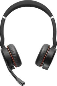 jabra evolve 75 ms wireless headset, stereo – includes link 370 usb adapter and charging stand – bluetooth headset with world-class speakers, active noise-cancelling microphone, (renewed)