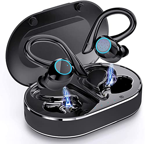 REGOKI Wireless Earbuds, Lightweight Bluetooth 5.1 Headphones in Ear with Earhooks, Sport Headphones for Running, Bluetooth Earphones Noise Cancelling Deep Bass, IP7 Waterproof Headset (Black)