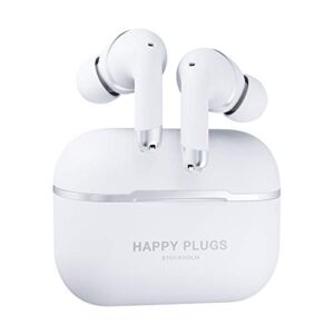 happy plugs air 1 anc – premium quality true wireless bluetooth earbuds – charging case & built-in microphones – excellent active noise cancelling – 38 hours battery life – white