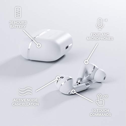 Happy Plugs Air 1 ANC – Premium Quality True Wireless Bluetooth Earbuds – Charging Case & Built-in Microphones – Excellent Active Noise Cancelling – 38 Hours Battery Life - White