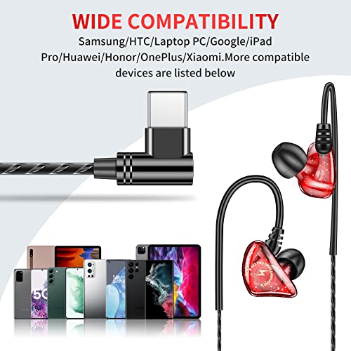 HoneyAKE USB Type C Headphone Earbuds Earphones with Microphone (Mic) in-Ear Wired Volume Control for Samsung Galaxy S8 Google Pixel 2 XL OnePlus 5 5T 3T, Over Ear Buds for Kids Women Small Ears Red