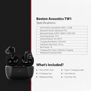 Boston Acoustics - TW1 True Wireless Earbuds, Active Noise-Cancellation, IPX4 Water Resistance, Bluetooth Connection, Apple and Android Compatible, Portable Wireless Charging case - Black