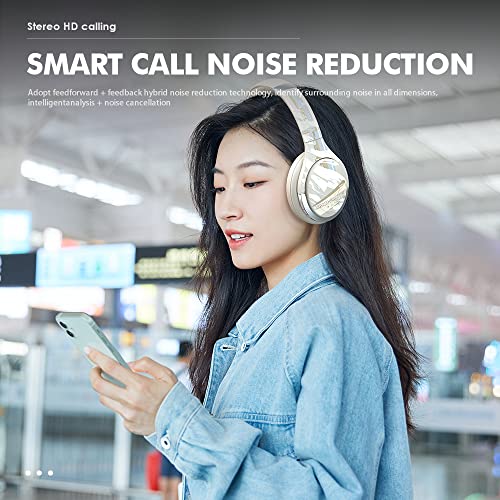 Greshare Wireless Headphone,Active Noise Canceling Headphones with Microphone Deep Bass Bluetooth Gaming Over-Ear Headset for Cellphone PC ipad Tablet Laptop. (Off-White)