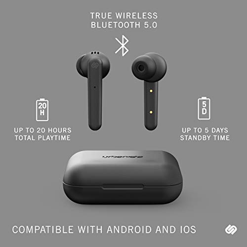 Urbanista Paris True Wireless Earphones 20H Playtime Wireless Charging Case and Bluetooth 5.0, Noise Cancelling Earphones with Touch Controls + Built-in Mic, Compatible with Android and iOS – Black