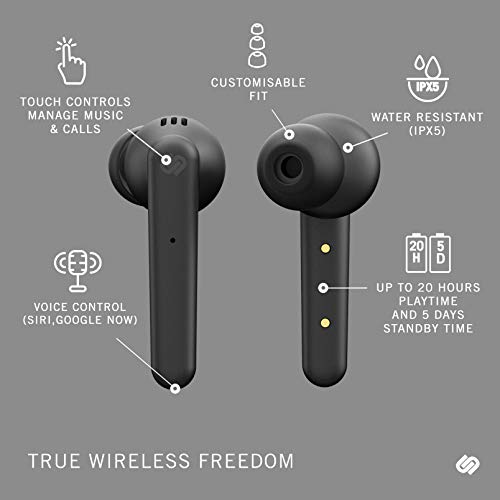 Urbanista Paris True Wireless Earphones 20H Playtime Wireless Charging Case and Bluetooth 5.0, Noise Cancelling Earphones with Touch Controls + Built-in Mic, Compatible with Android and iOS – Black