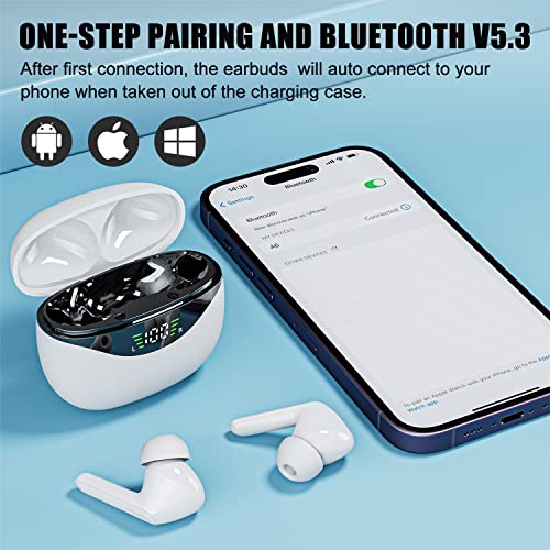 FEANS A6 Wireless Earbuds Bluetooth 5.3 Headphones Built-in Microphone LED Power Display Earphones Waterproof Stereo in Ear Earbuds Immersive Premium Sound with Deep Bass for iPhone Android (White)