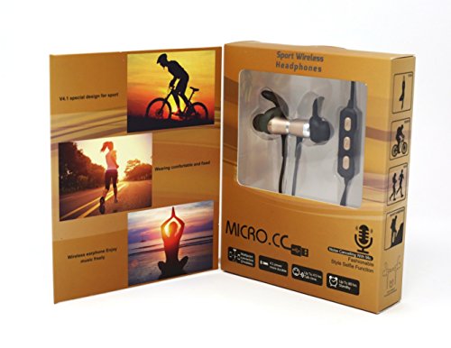 Micro.cc Wireless Sports Headphones, Magnetic Wireless Earbuds with Bluetooth 4.1 ~ Lightweight & Noise Cancelling ~ Exercise Earphones with Built in Mic ~ Perfect for Workouts, Running & More (Gold)