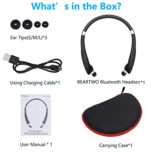 Bluetooth Foldable Retractable Headphones, 2021 Upgraded Wireless Earbuds Neckband Headset Sports Sweatproof Earphones with Carrying Case (15Hours Playtime)