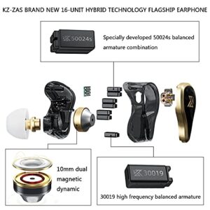 KZ ZAS IEM Earphones, in-Ear Headphones Wired, 16-Unit Hybrid High-Frequency 7BA+10mm Dual DD HiFi Stereo Sound Earphones Noise Cancelling Earbuds(Black,No Mic)