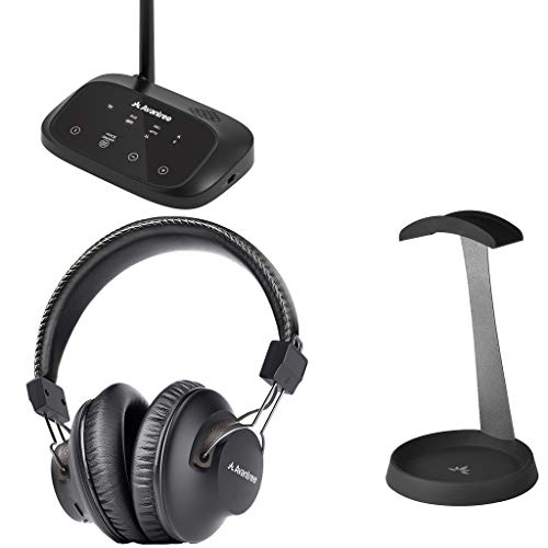 Avantree HT5009 & HS102, Bundle - Wireless Over-Ear Headphones for TV with Bluetooth Transmitter, No Audio Delay, Longe Range & Metal Headphone Stand Hanger wih Cable Storage Tray, Soft Silicone Skin