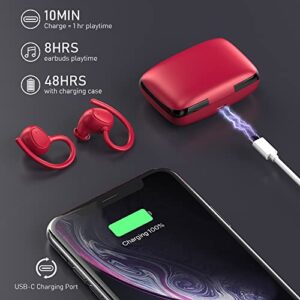 Wireless Earbud, Bluetooth 5.1 Sport Headphones with IP7 Waterproof, 50H Playtime Bluetooth Earbud Noise Cancelling with Hi-Fi Stereo and Built-in Mic,Running Earphones with Earhooks for Workout Red