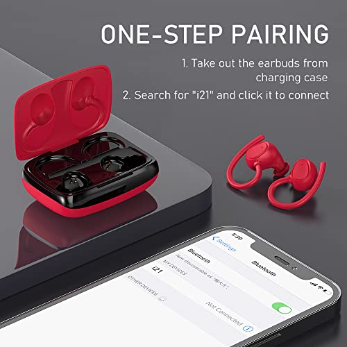 Wireless Earbud, Bluetooth 5.1 Sport Headphones with IP7 Waterproof, 50H Playtime Bluetooth Earbud Noise Cancelling with Hi-Fi Stereo and Built-in Mic,Running Earphones with Earhooks for Workout Red