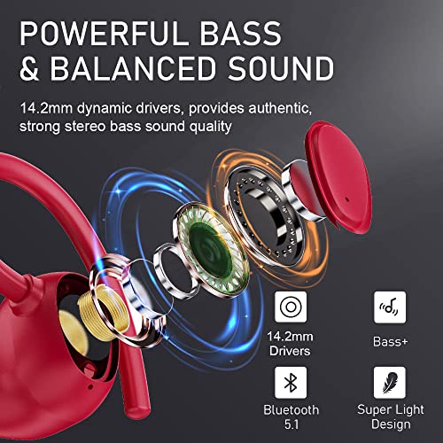 Wireless Earbud, Bluetooth 5.1 Sport Headphones with IP7 Waterproof, 50H Playtime Bluetooth Earbud Noise Cancelling with Hi-Fi Stereo and Built-in Mic,Running Earphones with Earhooks for Workout Red