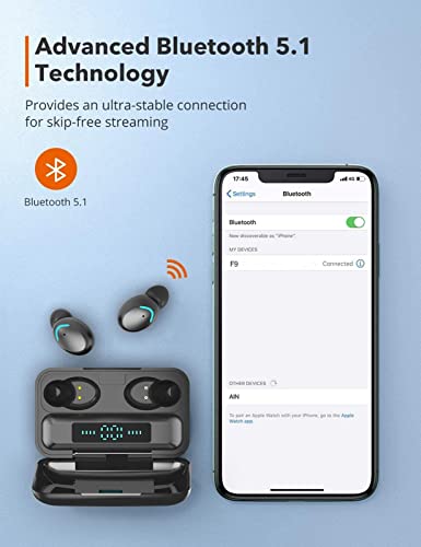BTT Bluetooth Earbuds for Apple iPhone/Android Wireless Earphone Waterproof/Noise Cancelling/V5.1/Led Display/IPX7