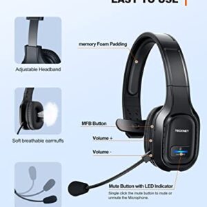 TECKNET Trucker Bluetooth Headset with Microphone Noise Canceling Wireless On Ear Headphones, Hands Free Wireless Headset for Cell Phone Computer Office Home Call Center Skype (Black)