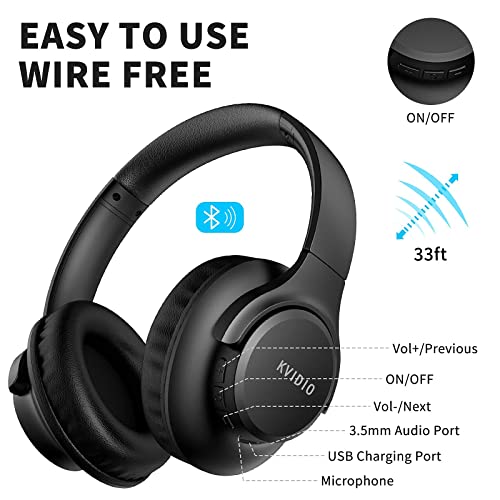 KVIDIO [Updated] Bluetooth Headphones Over Ear, 65 Hours Playtime Wireless Headphones with Microphone,Foldable Lightweight Headset with Deep Bass,HiFi Stereo Sound for Travel Work Laptop PC Cellphone