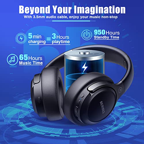 BERIBES Bluetooth Headphones Over Ear, 65H Playtime and 6 EQ Music Modes Wireless Headphones with Microphone, HiFi Stereo Foldable Lightweight Headset, Deep Bass for Home Office Cellphone PC TV