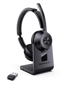 bluetooth headset v5.1, wireless headset with noise canceling microphone, 40 hrs work time office headset with bluetooth dongle & charging base, aptx hd on-ear headphones with mute button
