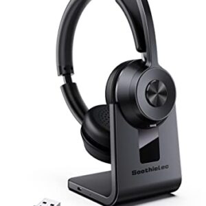 Bluetooth Headset V5.1, Wireless Headset with Noise Canceling Microphone, 40 Hrs Work Time Office Headset with Bluetooth Dongle & Charging Base, AptX HD On-Ear Headphones with Mute Button