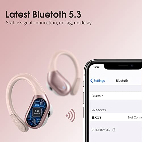 CASCHO Wireless Earbuds, Bluetooth 5.3 Headphones, 60Hrs Playback HD Stereo Audio LED Display, Over-Ear IPX7 Waterproof Earphones with Earhooks, Built-in Mic, Type-C, for Sports (Rose Gold)