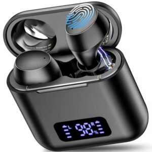 kurdene wireless earbuds, bluetooth ear buds with wireless charging case led power display light-weight premium deep bass stereo in-ear earphones built-in mic 40 hrs play time-black