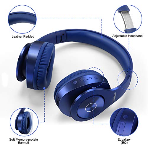 TUINYO Bluetooth Headphones Wireless, Over Ear Stereo Wireless Headset 40H Playtime with deep bass, Soft Memory-Protein Earmuffs, Built-in Mic Wired Mode PC/Cell Phones/TV-Dark Blue