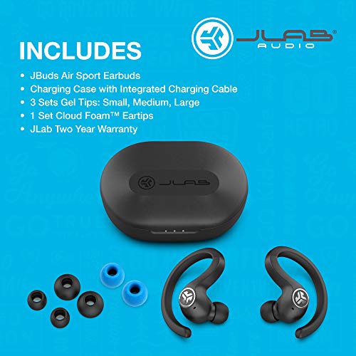 JLab JBuds Air Sport True Wireless Bluetooth Earbuds + Charging Case | Black | IP66 Sweat Resistance - Class 1 Bluetooth 5.0 Connection | 3 EQ Sound Settings JLab Signature, Balanced, Bass Boost