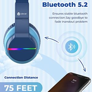 iClever BTH12 Kids Bluetooth Headphones,Colorful LED Lights Wireless Kids Headphones,74/85/94dB Volume Limited,55H Playtime,Bluetooth 5.2,Over Ear Headphones Built-in Mic for iPad/Tablet/Airplane,Blue