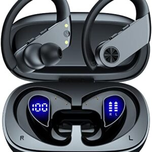 Bluetooth Headphones Wireless Earbuds 90H Playtime with 2200mAh Charging Case Dual Digital Display Ear Buds Waterproof Over Ear Earphones with Earhooks for Sport Workout Laptop TV Computer Phone Black