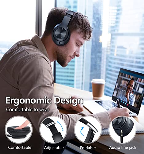 Tuitager Bluetooth Headphones Over-Ear, 60 Hours Playtime Foldable Lightweight Wireless Headphones Hi-Fi Stereo with 6 EQ Modes, Bass Adjustable Headset with Built-in HD Mic, FM, SD/TF for PC/Home