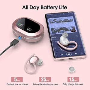 sprtoybat Wireless Earbuds, HiFi Stereo Bluetooth 5.3 Running Headphones with Dual LED Display 30Hrs Playtime, Built-in Mic, Type-C, in-Ear Bluetooth Earphones with Earhooks for Sport, Rose Gold