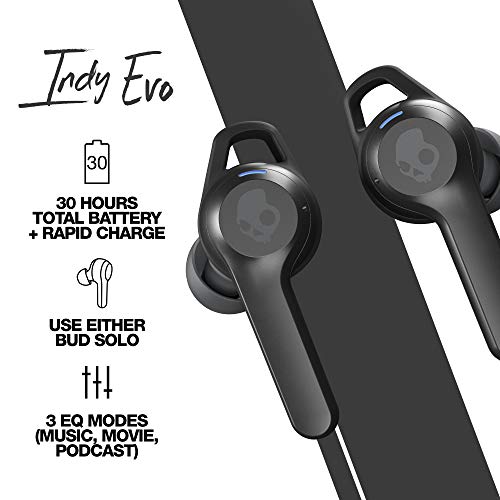 Skullcandy Indy Evo True Wireless In-Ear Bluetooth Earbuds Compatible with iPhone and Android / Charging Case and Microphone / Great for Gym, Sports, and Gaming, IP55 Water Dust Resistant - Black