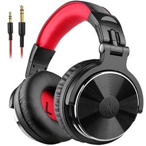 oneodio over ear headphone, wired bass headsets with 50mm driver, foldable lightweight headphones with shareport and mic for recording monitoring podcast guitar pc tv – (red)