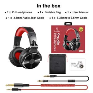 OneOdio Over Ear Headphone, Wired Bass Headsets with 50mm Driver, Foldable Lightweight Headphones with Shareport and Mic for Recording Monitoring Podcast Guitar PC TV - (Red)