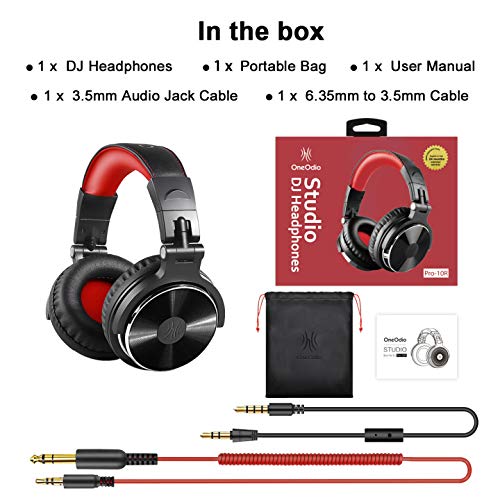 OneOdio Over Ear Headphone, Wired Bass Headsets with 50mm Driver, Foldable Lightweight Headphones with Shareport and Mic for Recording Monitoring Podcast Guitar PC TV - (Red)