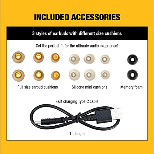 DEWALT True Wireless Bluetooth Earbuds — TWS Bluetooth Headphones — Wireless Earbuds with Type C Charging Case — Waterproof Wireless Earphones — Jobsite Pro-X1 Premium Sound for Outdoor Work