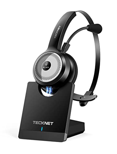 TECKNET Bluetooth 5.0 Wireless Headset with AI Noise Cancelling Microphone and Charging Base for Laptop, On Ear Bluetooth Headphone Telephone Headset for PC, Cell Phone, Skype, All Day Battery Life