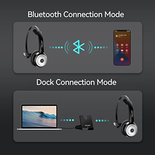 TECKNET Bluetooth 5.0 Wireless Headset with AI Noise Cancelling Microphone and Charging Base for Laptop, On Ear Bluetooth Headphone Telephone Headset for PC, Cell Phone, Skype, All Day Battery Life