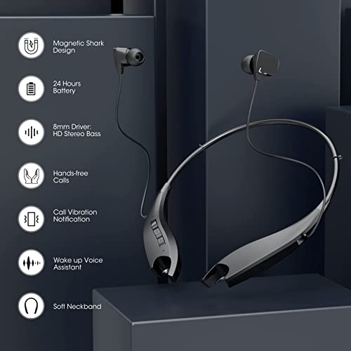 Bluetooth Headphones, Neckband Bluetooth Headphones 24H of Playback, Around The Neck Bluetooth Headphones with Vibrate, Noise Cancelling Microphones, IPX7 Waterproof, for Sports, Music, Conference