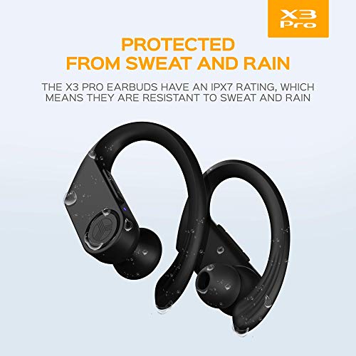 TREBLAB X3 Pro - True Wireless Earbuds with Earhooks - 45H Battery Life, Bluetooth 5.0, IPX7 Waterproof Headphones - TWS Bluetooth Earphones with Charging case for Sport, Running, Workout - Black