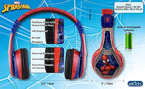 eKids Spiderman Wireless Bluetooth Portable Headphones with Microphone, Volume Reduced to Protect Hearing Rechargeable Battery, Adjustable Kids Headband for School Home or Travel