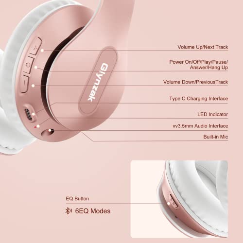 Glynzak Wireless Bluetooth Headphones Over Ear 65H Playtime HiFi Stereo Headset with Microphone and 6EQ Modes Foldable Bluetooth V5.3 Headphones for Travel Smartphone Computer Laptop Rose Gold