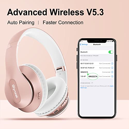 Glynzak Wireless Bluetooth Headphones Over Ear 65H Playtime HiFi Stereo Headset with Microphone and 6EQ Modes Foldable Bluetooth V5.3 Headphones for Travel Smartphone Computer Laptop Rose Gold