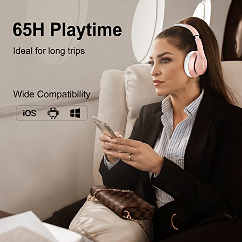 Glynzak Wireless Bluetooth Headphones Over Ear 65H Playtime HiFi Stereo Headset with Microphone and 6EQ Modes Foldable Bluetooth V5.3 Headphones for Travel Smartphone Computer Laptop Rose Gold